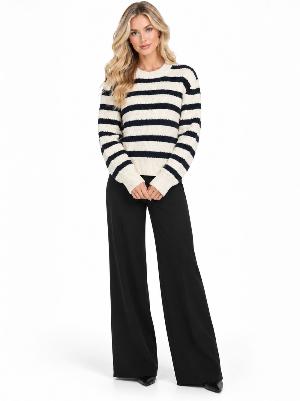 Alice + Olivia Luxe Autumn Soft Classic Stripe Ivory Black Crewneck Sweater NWT